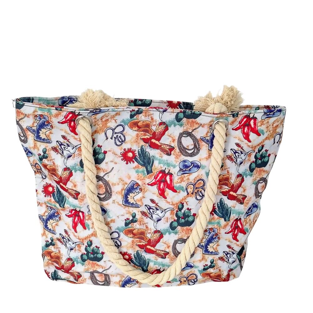Cowboy Southwest Chili Pepper Cactus Graphic Print Tote Bag Twist Rope Handles